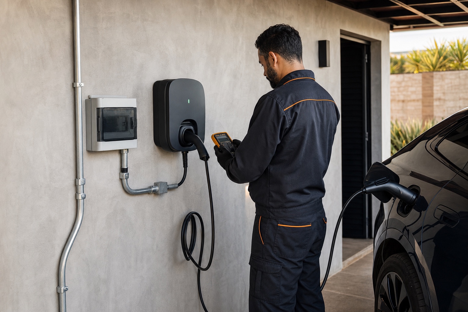 Eletricista inspecionando uma instalação profissional de Wallbox em garagem residencial